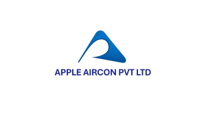 Logo blue abstract triangular mark with curved cutout and the text APPLE AIRCON PVT LTD below