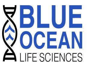 Logo for Blue Ocean Life Sciences featuring a stylized black DNA double helix to the left and blue stacked text reading BLUE OCEAN with LIFE SCIENCES in black below