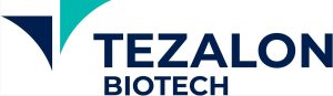 Tezalon Biotech logo bold navy text with a teal curved shape on the left