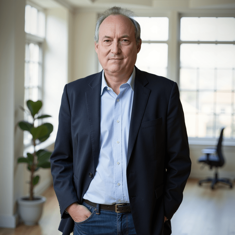 Man in a navy blazer and light blue shirt stands in a bright office with large windows and a potted plant nearby, hands in pockets.