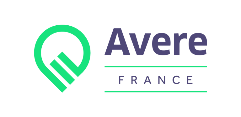 Avere France logo green abstract pin mark to the left of the purple Avere wordmark with FRANCE below separated by green lines