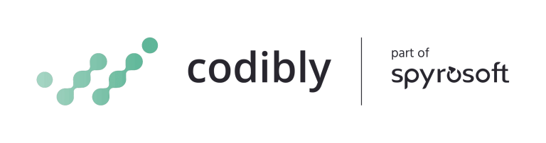 Codibly logo with teal circular motif on the left codibly text and part of spyrosoft indicating a partnership