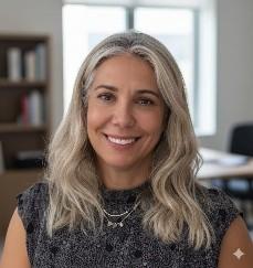 Professional headshot: smiling woman with shoulder-length gray-blonde hair in an office setting, wearing a dark patterned top.