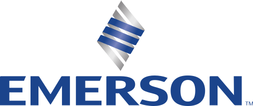 Emerson corporate logo featuring a blue wordmark and diamond emblem