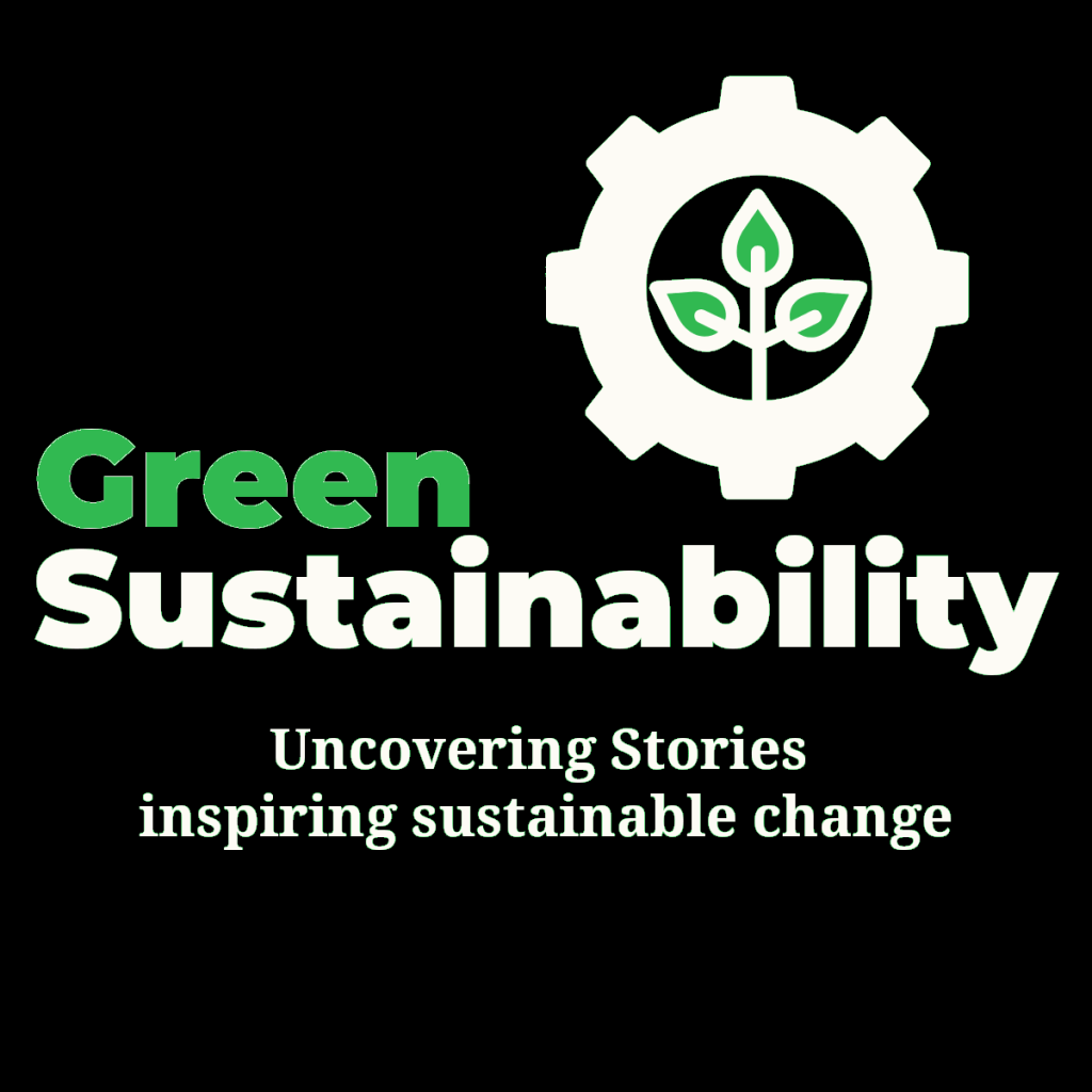 Green Sustainability logo with a gear and plant emblem bold green Green and white Sustainability on black plus the subtitle Uncovering Stories inspiring sustainable change