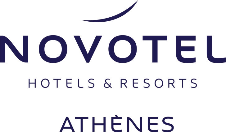 Novotel logo in dark blue with Hotels  Resorts and Athènes text