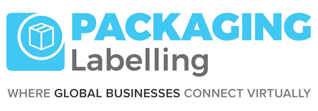 Packaging Labelling logo blue rounded square icon with a cube text PACKAGING Labelling and the tagline WHERE GLOBAL BUSINESSES CONNECT VIRTUALLY