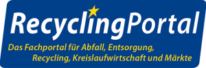RecyclingPortal logo on a blue background with white text and a small yellow star plus a German tagline about waste disposal recycling and markets