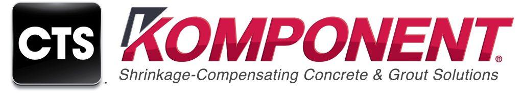 CTS logo black rounded square paired with Komponent wordmark and the tagline Shrinkage Compensating Concrete  Grout Solutions