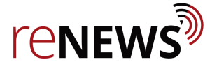 reNEWS logo red re followed by bold black NEWS and a red wireless broadcast arcs emblem on the right