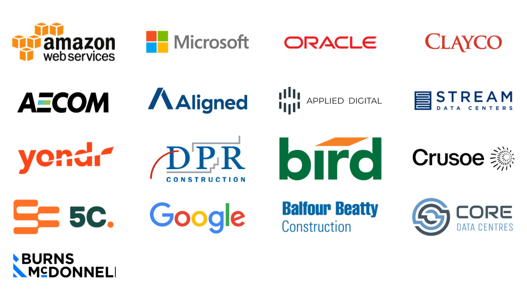 A grid of corporate logos on a black background including AWS Microsoft Oracle Clayco Google Burns  McDonnell and others sponsors or partners
