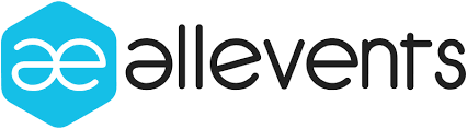 Allevents logo blue hexagon icon with white intertwined loops followed by the lowercase allevents text on a white background