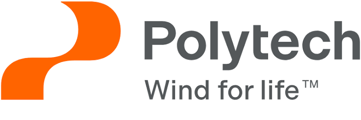 Polytech wind for life logo orange abstract mark next to the gray Polytech wordmark and Wind for life slogan