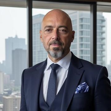 Professional man in a navy suit with a pocket square, standing in an office with a city skyline outside the window.