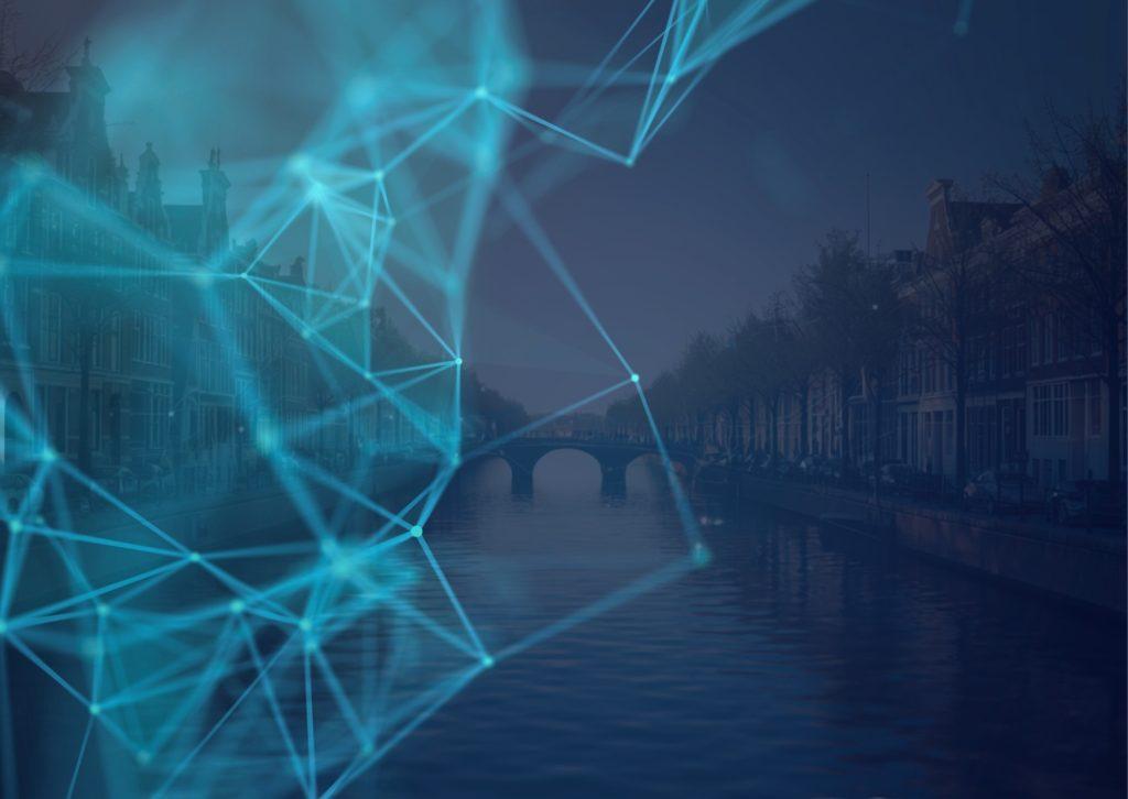 Abstract blue network lines and points over a city canal symbolizing digital connectivity
