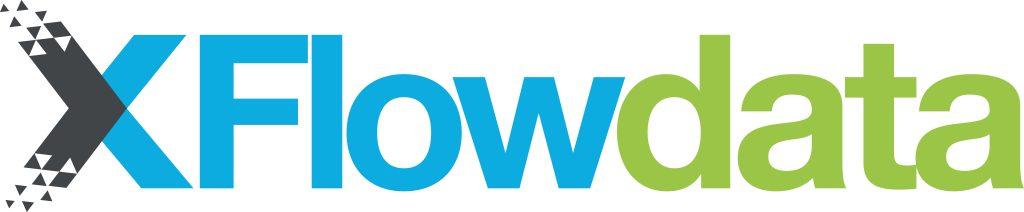 Flowdata logo bold blue Flow and green data text with a dark gray X shape made of small triangles on the left