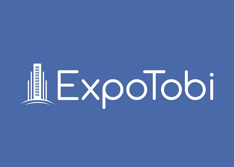 Expotobi logo white wordmark on a blue background with a stylized skyscraper icon on the left