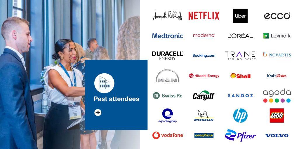 Group of event attendees chatting by a window with a blue panel reading Past attendees and a grid of sponsor logos on the right side