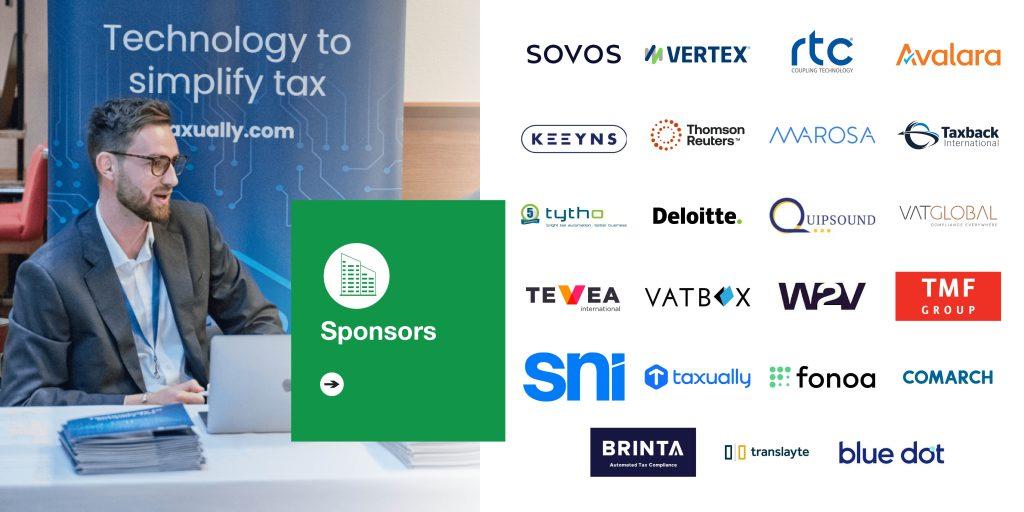 Speaker seated with a laptop at a tax tech event blue Technology to simplify tax banner behind him and a grid of sponsor logos on the right