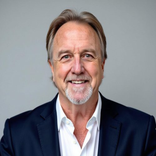 Smiling man in a navy blazer and white shirt, cropped at the shoulders against a gray backdrop.
