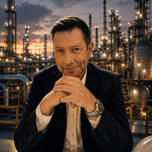 Man in a suit sits at a table in an industrial refinery backdrop, hands clasped, looking at the camera with a sunset behind him.